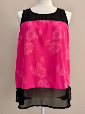 DKNY Pink Floral Black Mesh Sleeveless Blouse Size L NWOT